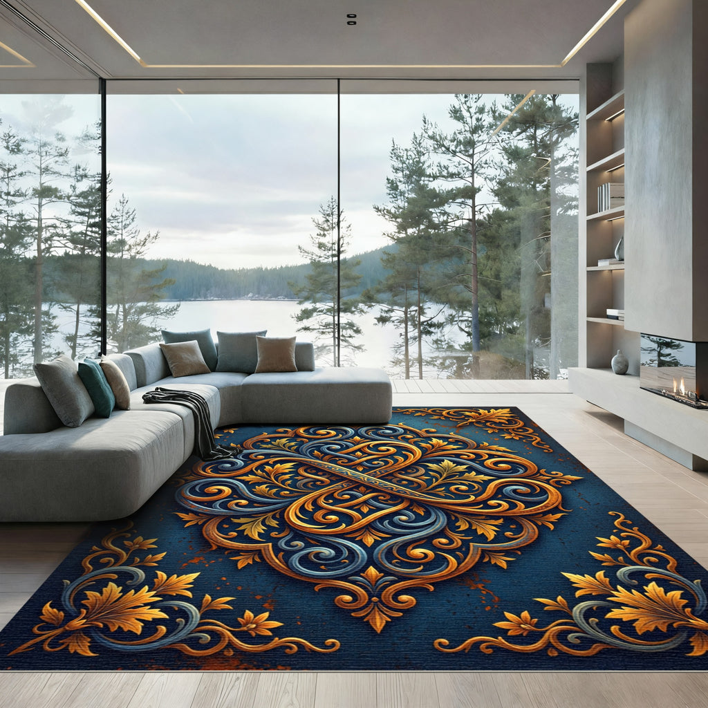 Ornate Teal Gold Swirl Floral Rug