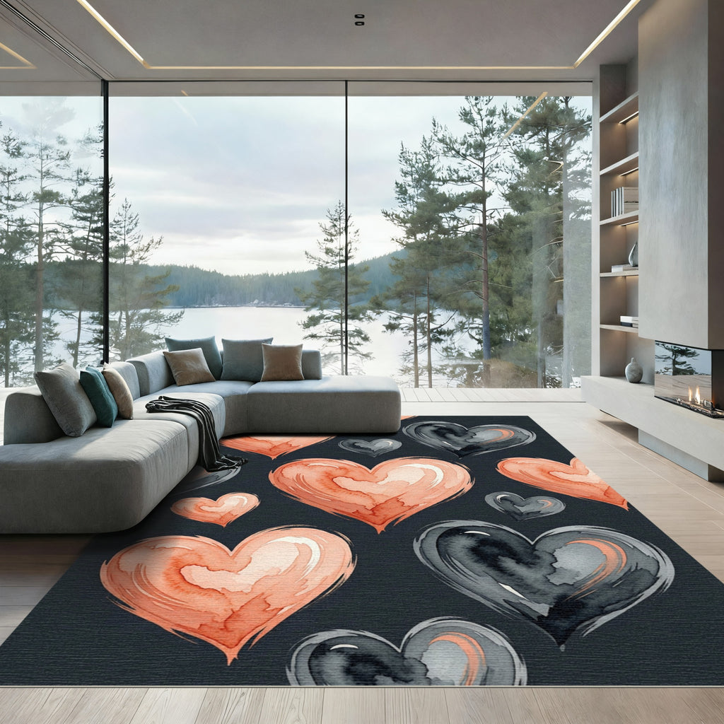 Watercolor Peach and Charcoal Heart Backdrop Rug