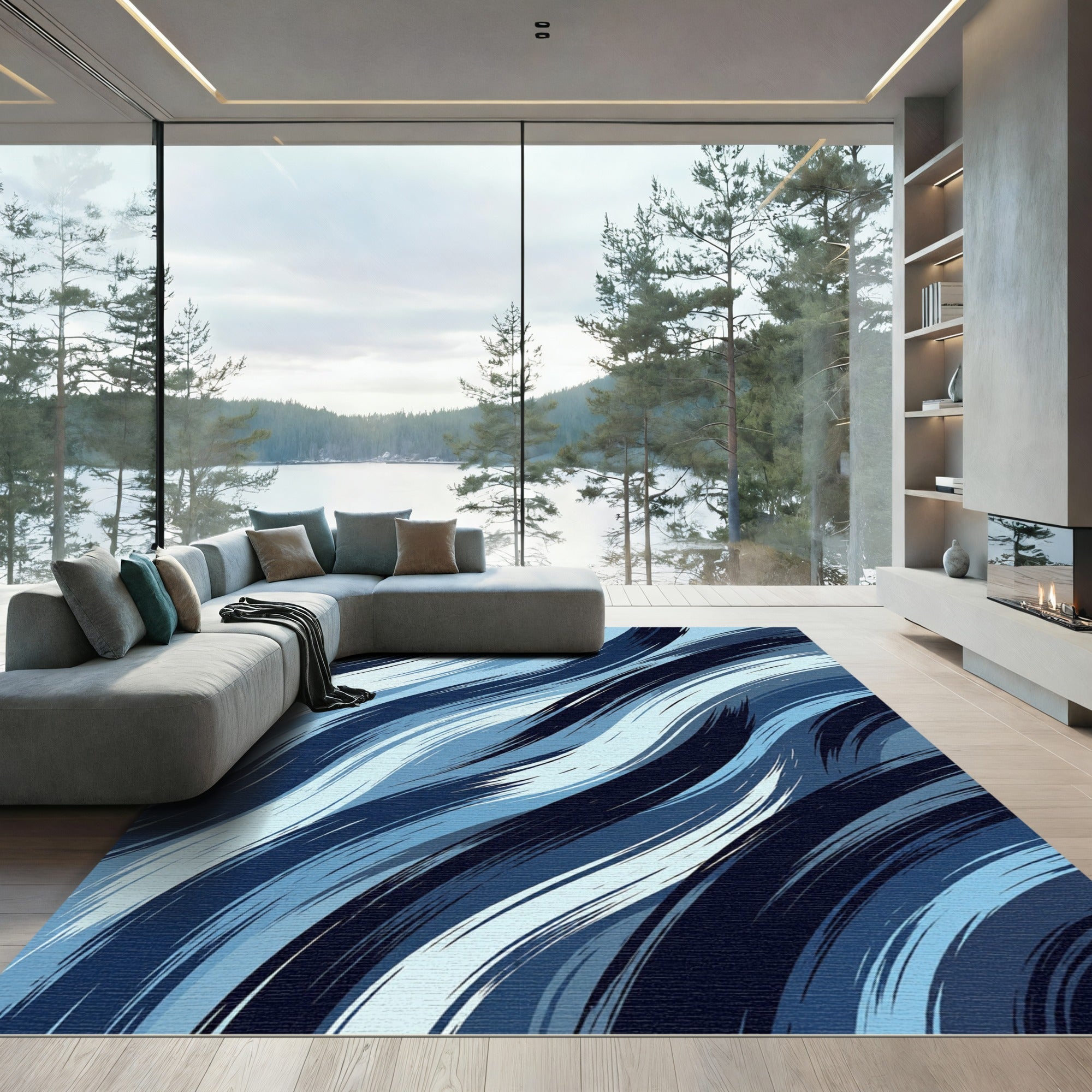 Deep Blue Brushstroke Ocean Waves Rug