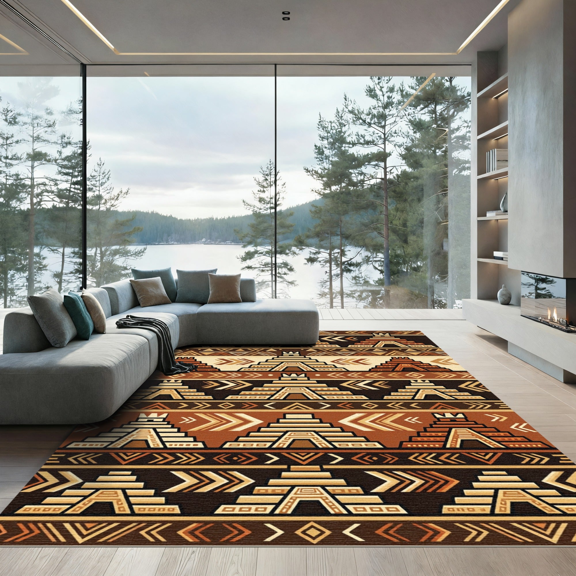 Earthy Aztec Pyramid Geometric Terracotta Rug