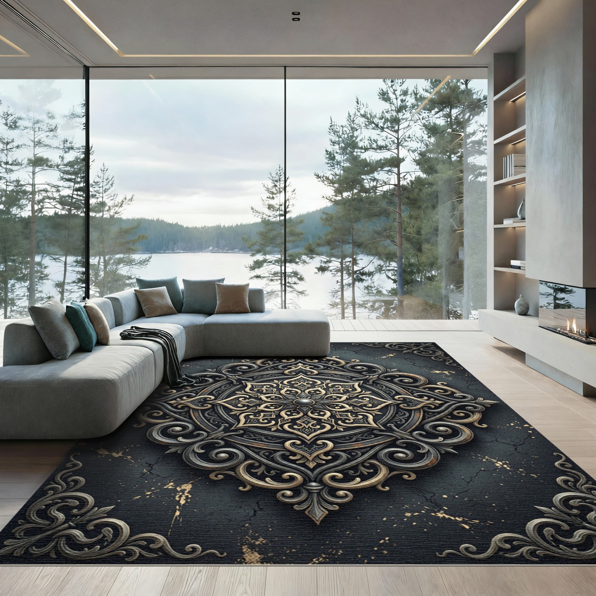 Ornate Antique Gold Silver Filigree Medallion Rug