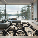 Elegant Black And Cream Arched Floral Rug
