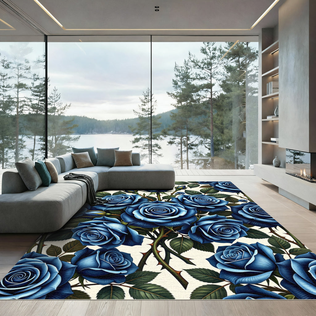 Elegant Midnight Blue Rose Floral Rug