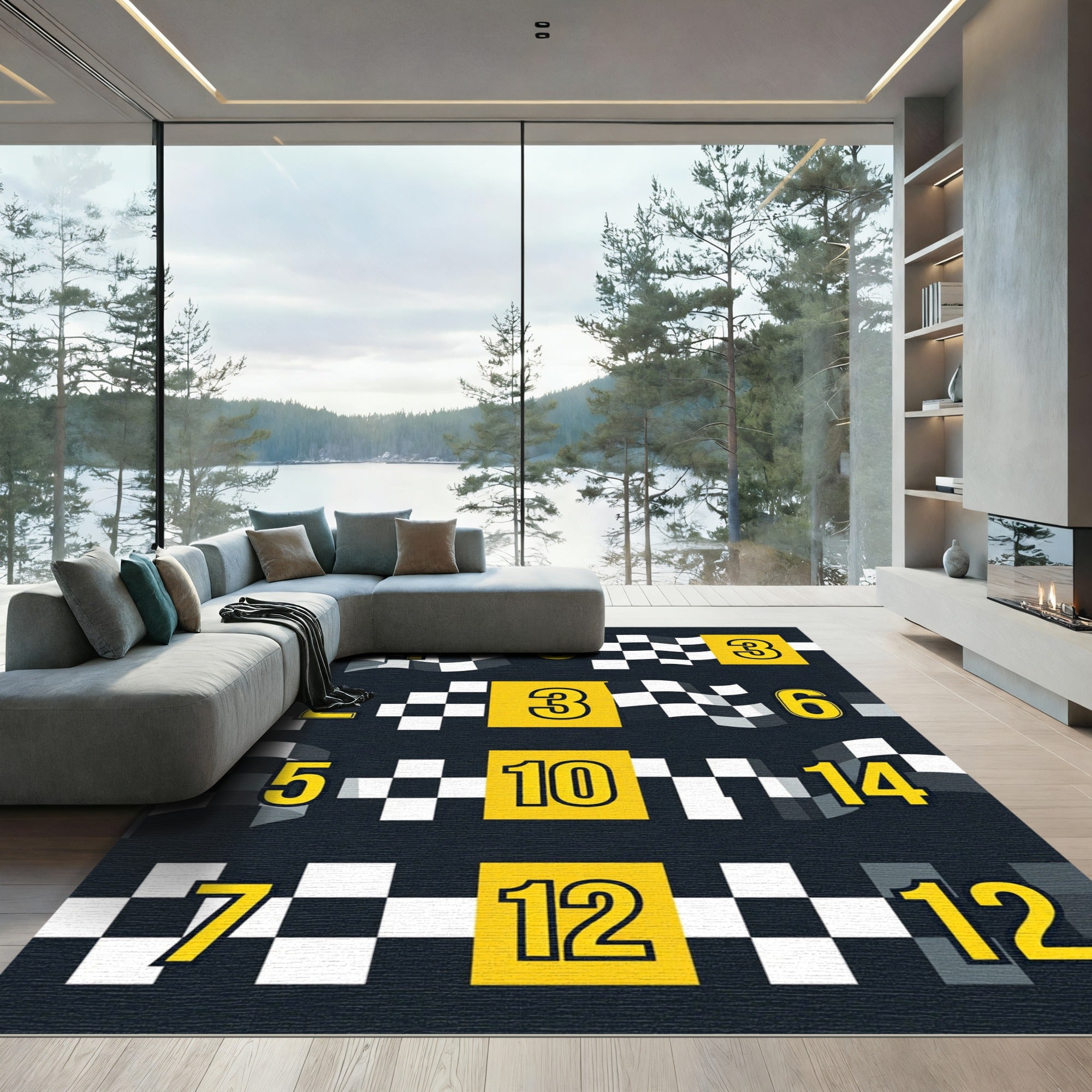 Yellow Checkered Racing Number Grid Rug