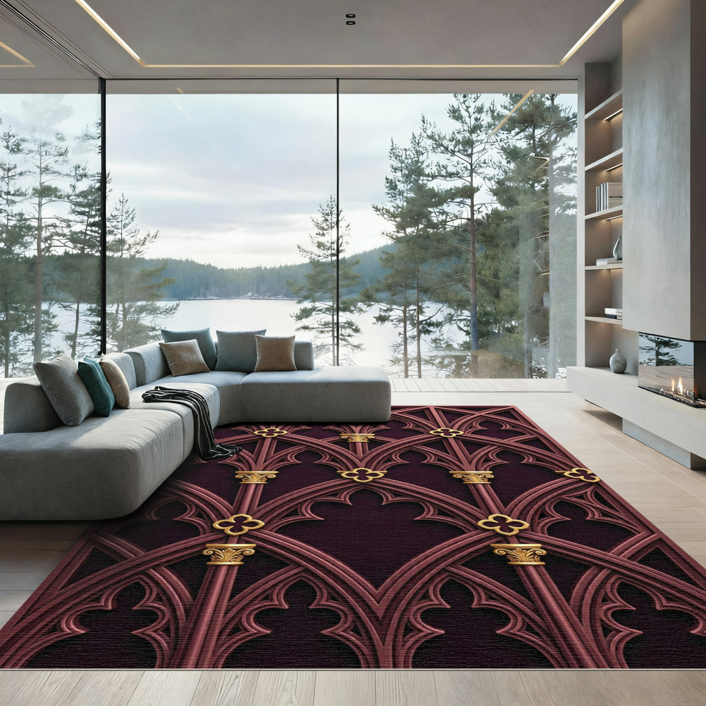 Rich Burgundy Gold Architectural Arches Rug