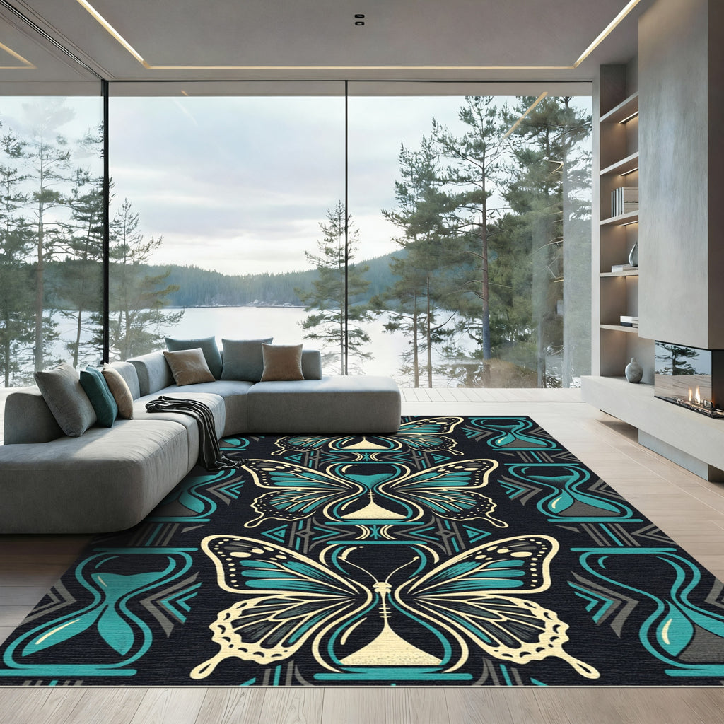 Teal and Navy Butterfly Hourglass Art Rug