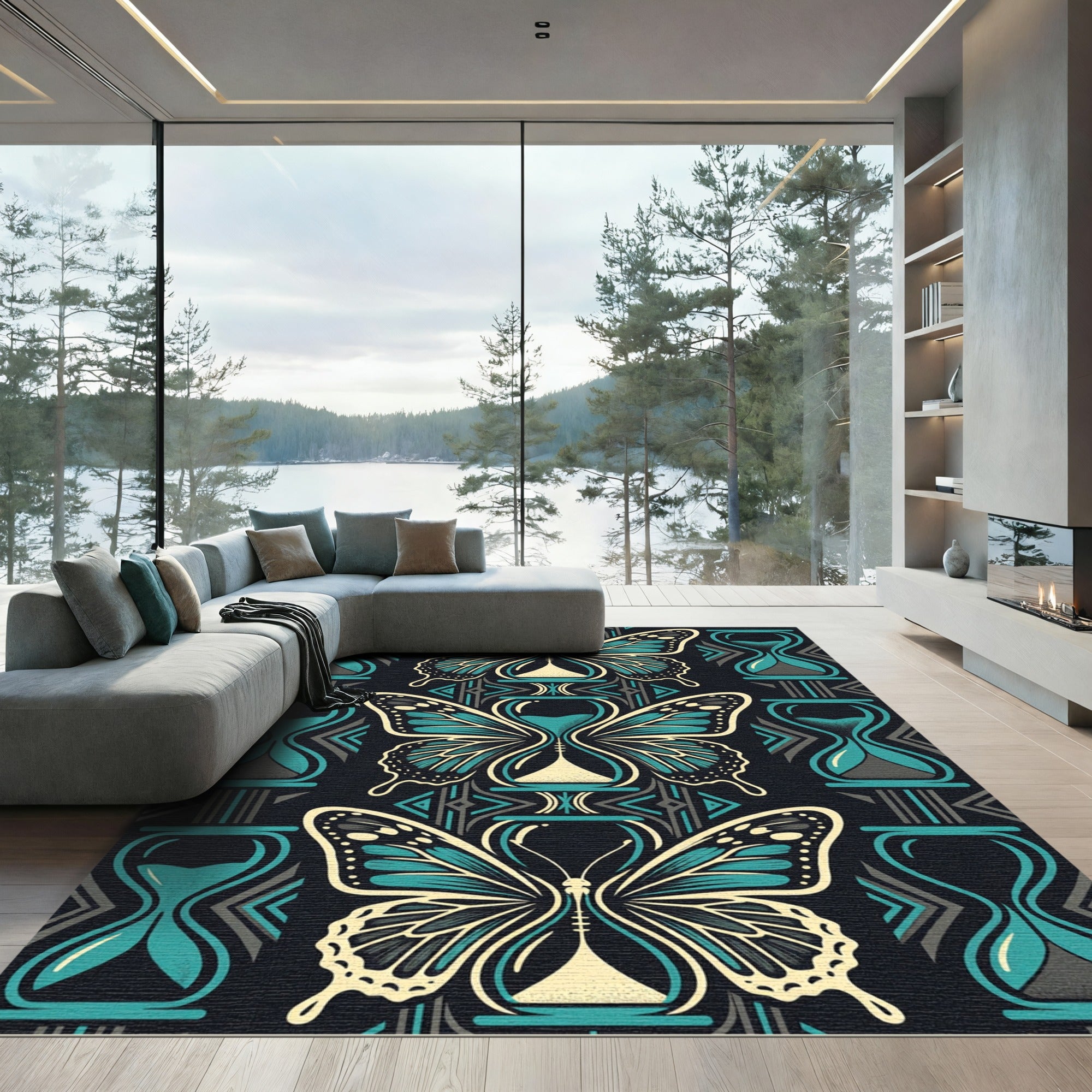 Teal and Navy Butterfly Hourglass Art Rug