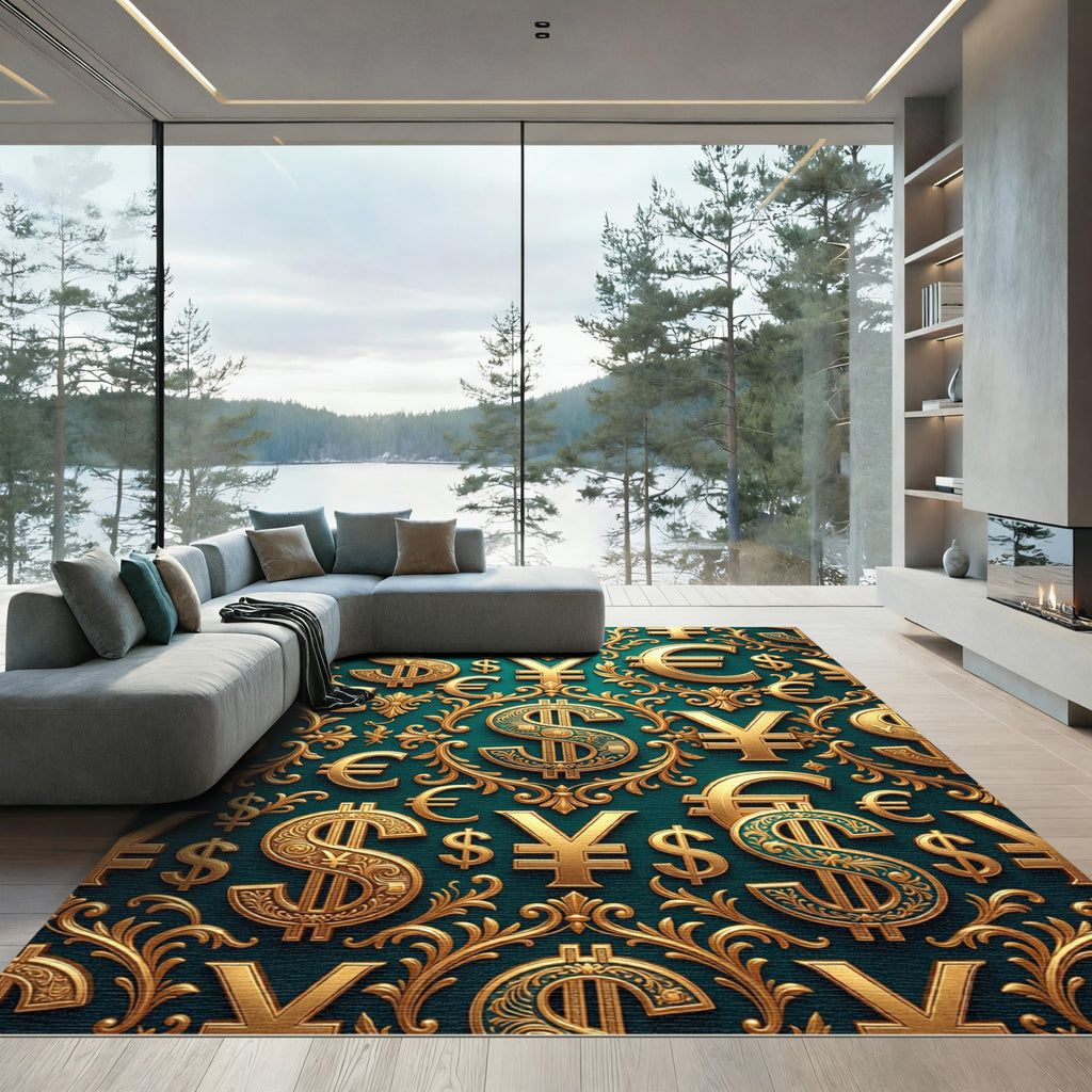 Ornate Golden Currency Filigree Deep Teal Rug