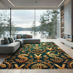 Ornate Golden Currency Filigree Deep Teal Rug