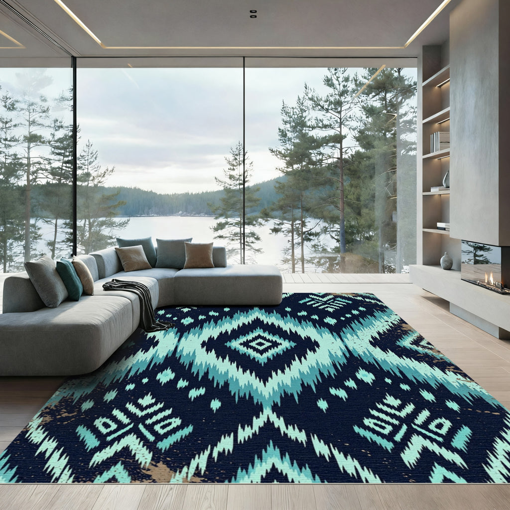 Teal Indigo Ikat Diamond Geometric Rug