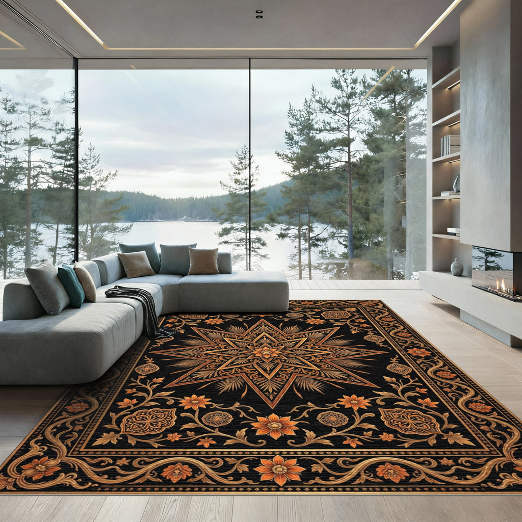 Ornate Black Gold Floral Star Rug