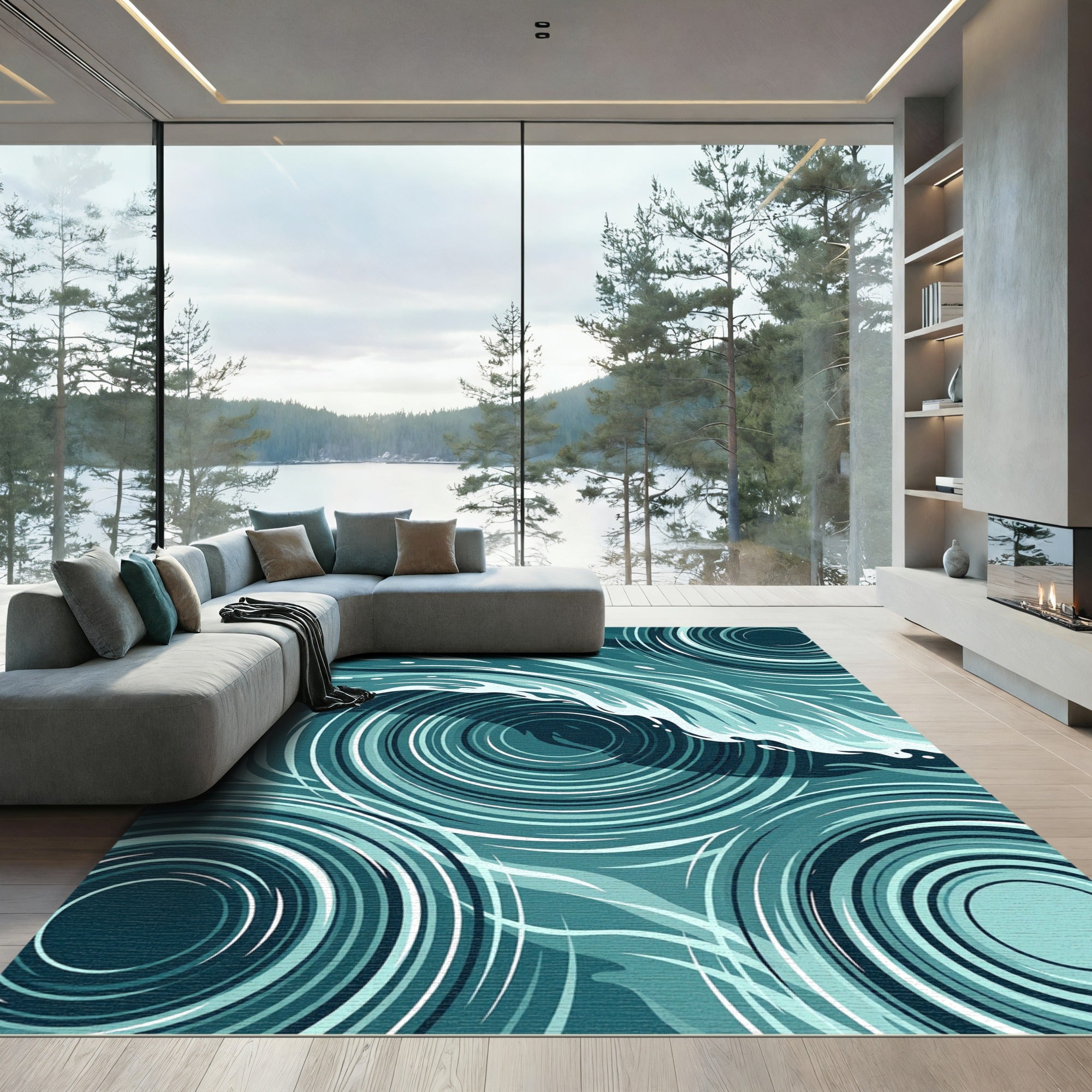 Modern Teal Rippled Water Wave Rug