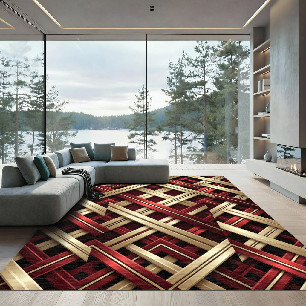 Crimson Gold Interlocking Lattice Rug