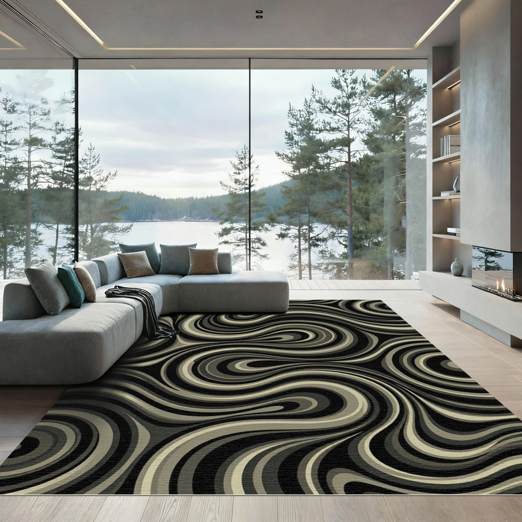 Abstract Swirling Monochrome Ribbon Curves Rug