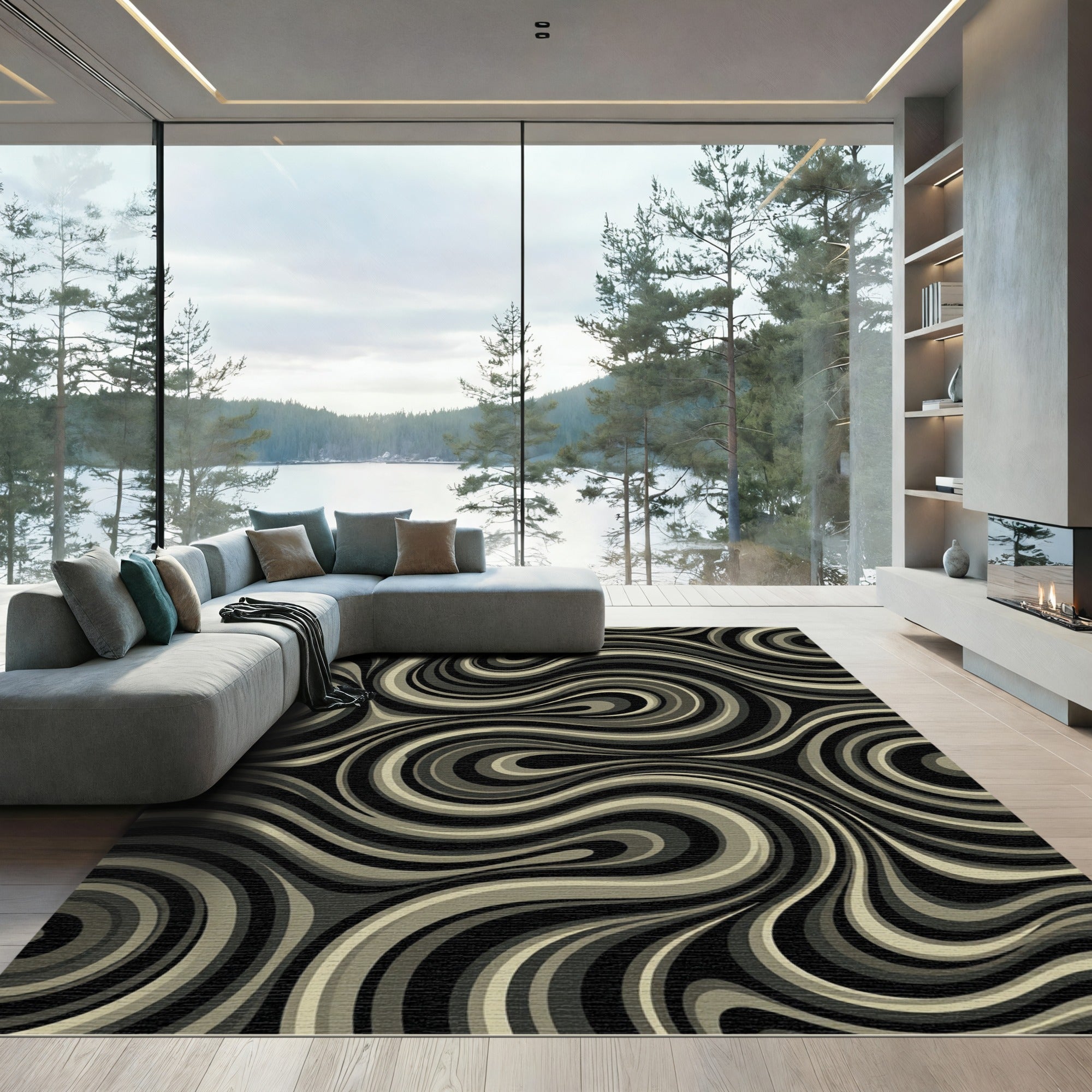 Abstract Swirling Monochrome Ribbon Curves Rug