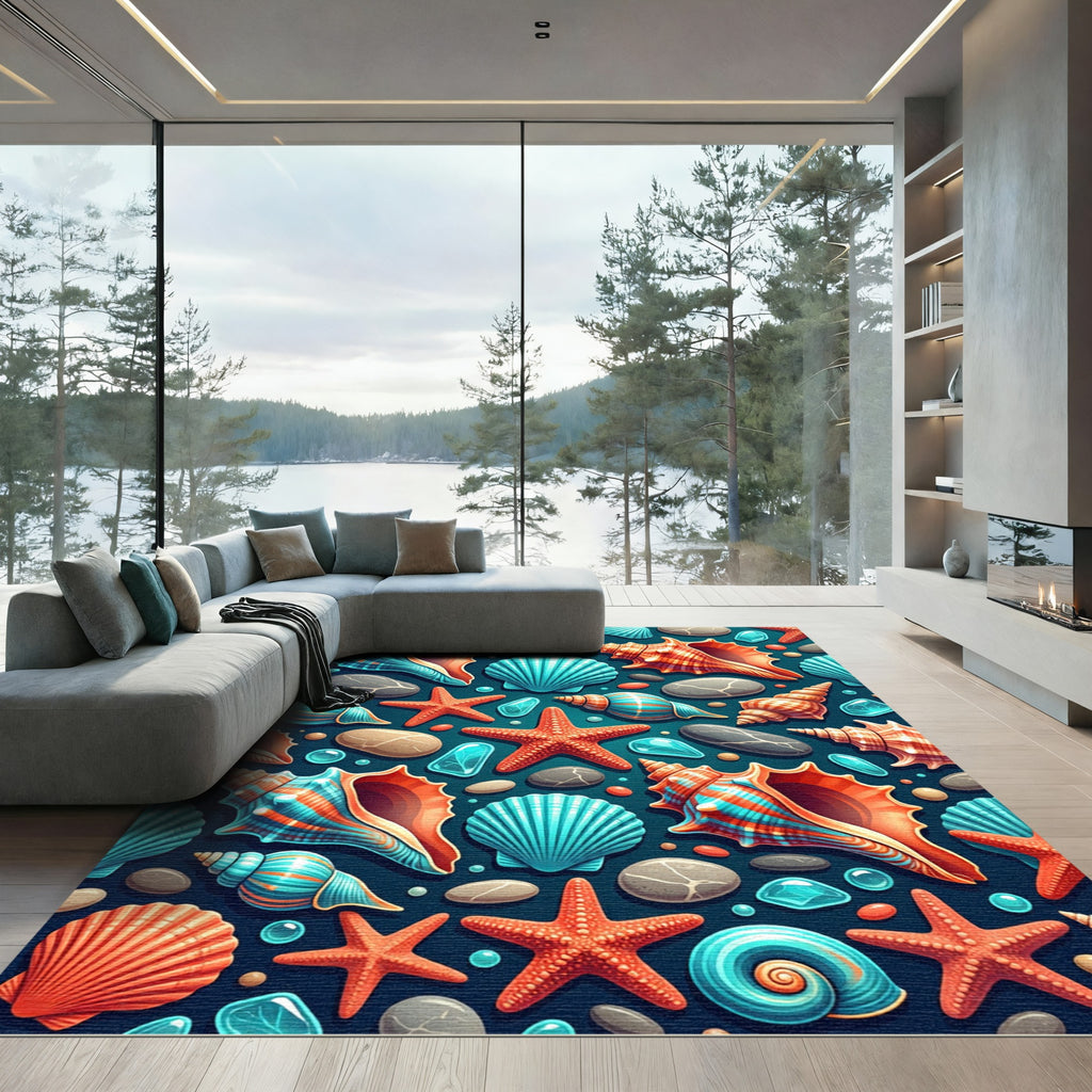 Vibrant Coastal Seashell Coral Starfish Reef Rug
