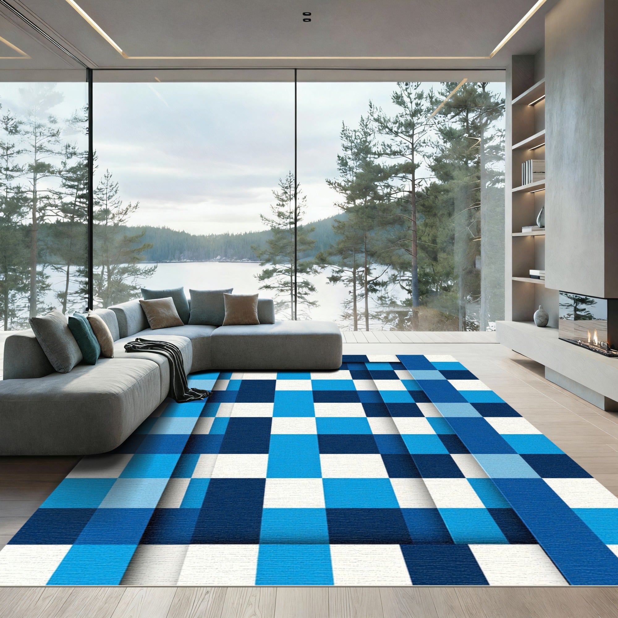 Cool Blue Checkerboard Layered Squares Rug