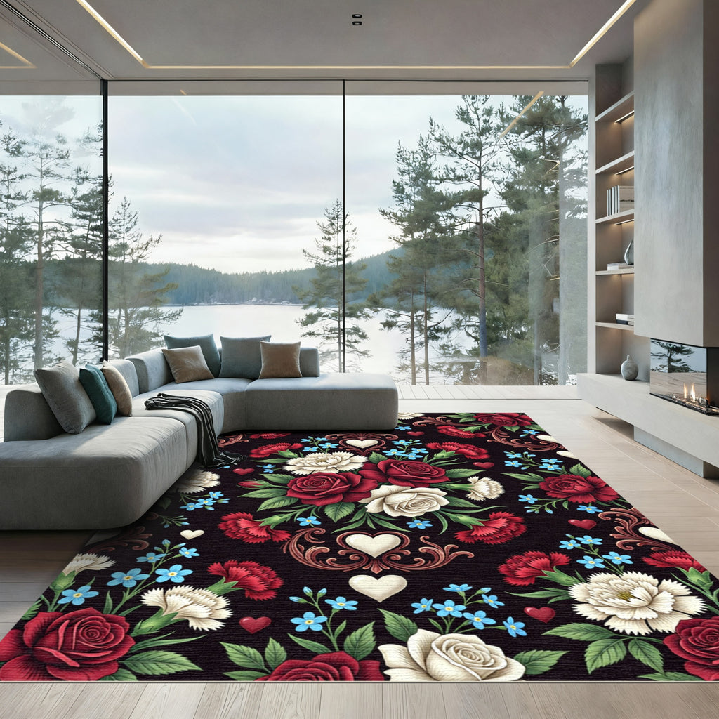 Romantic Crimson Rose Heart Floral Medallion Rug