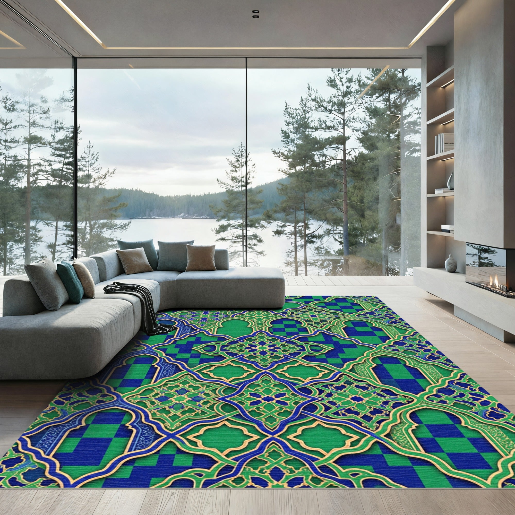 Ornate Blue and Green Geometric Trellis Rug