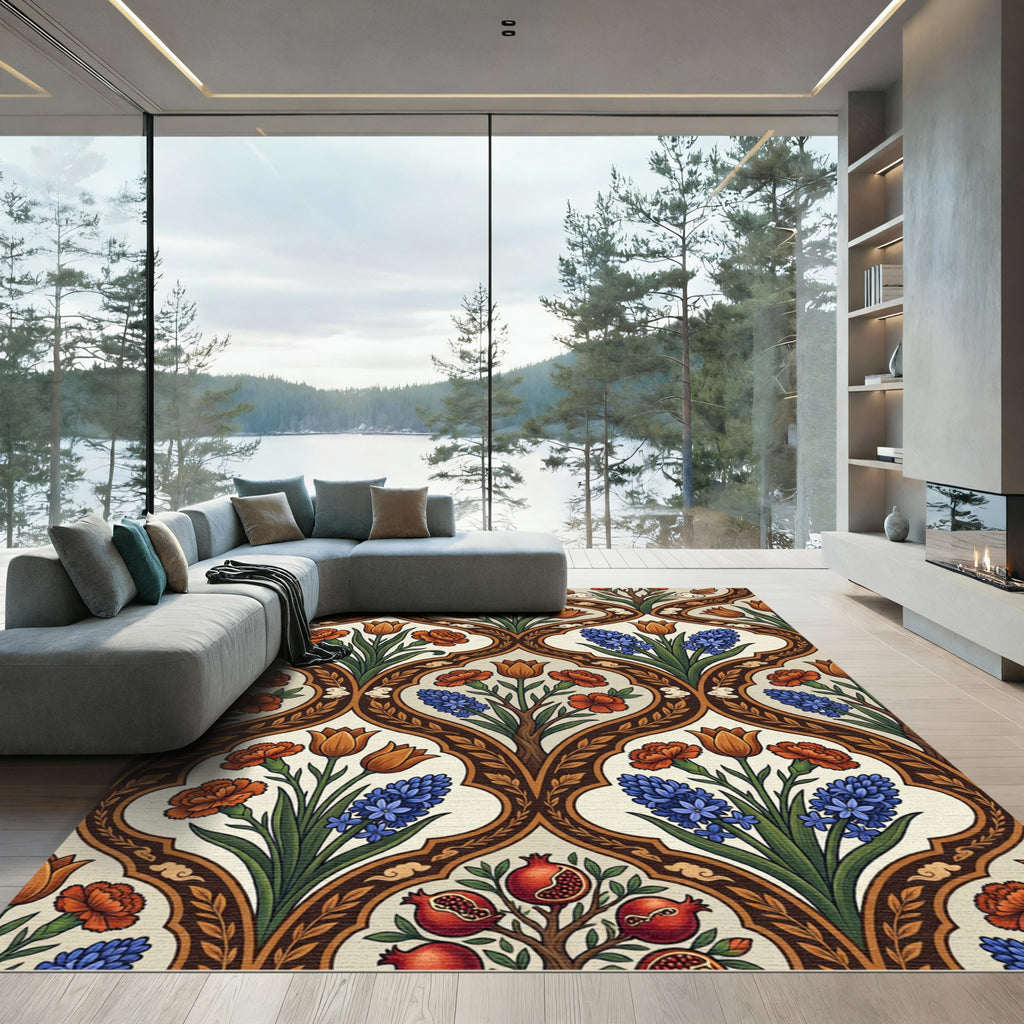 Artsy Orange Blue Floral Botanical Medallion Rug