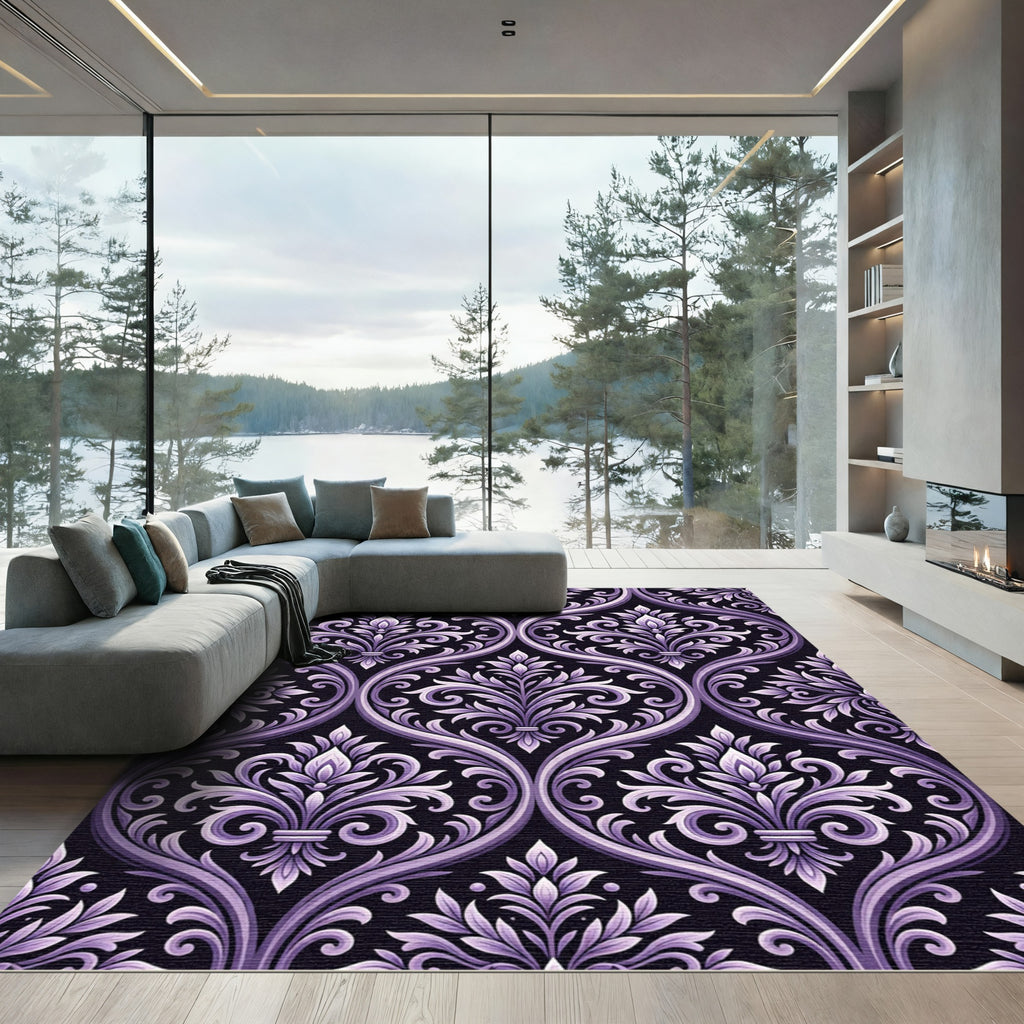 Damask Purple Floral Oval Rug