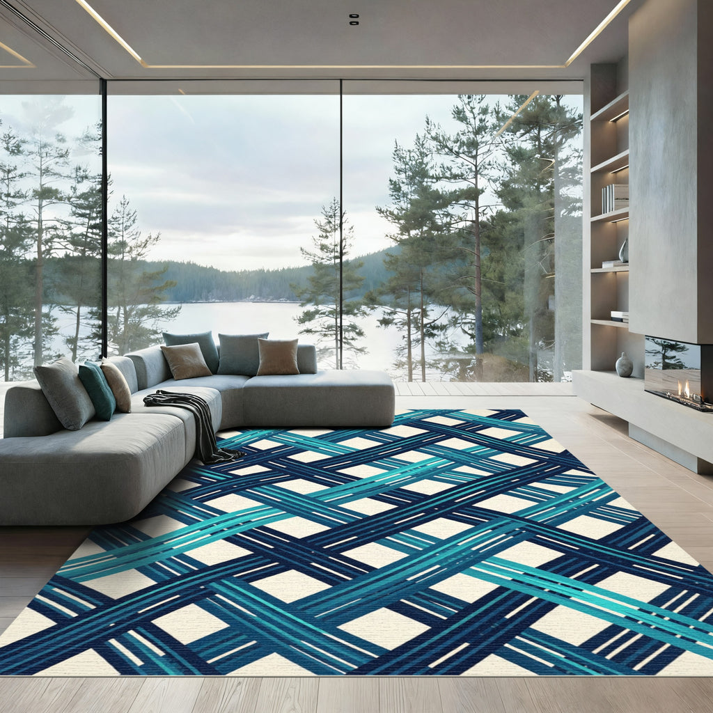 Modern Teal and Navy Woven Lattice Rug