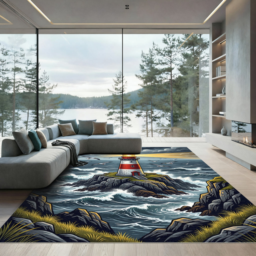 Coastal Lighthouse Seascape with Stormy Clouds Rug