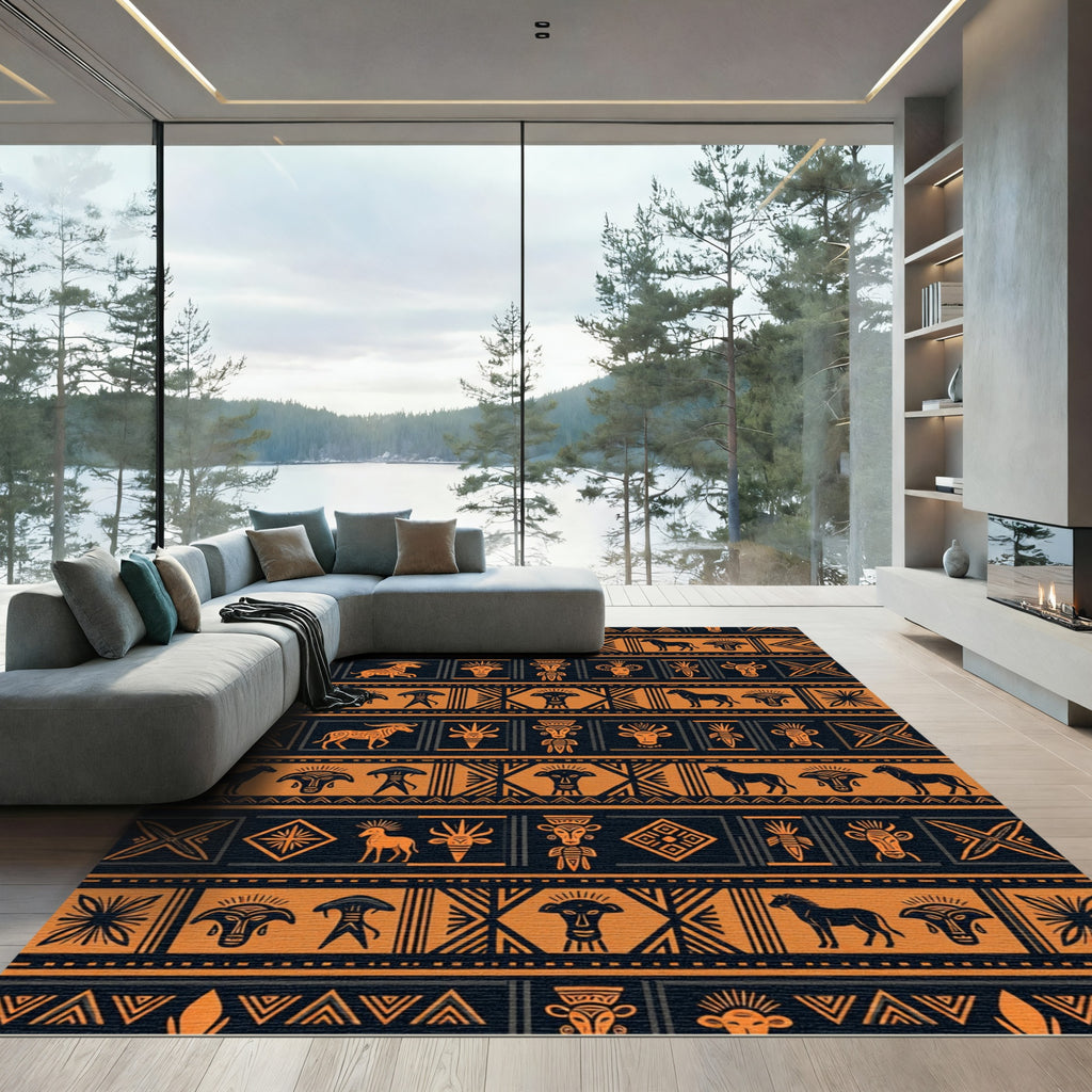 Tribal Ochre Animal Geometric Banded Rug