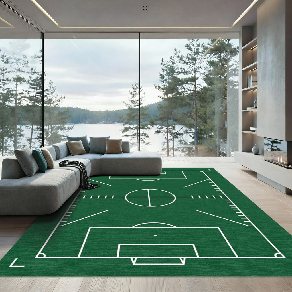 Minimalist Forest Green Soccer Field Rug