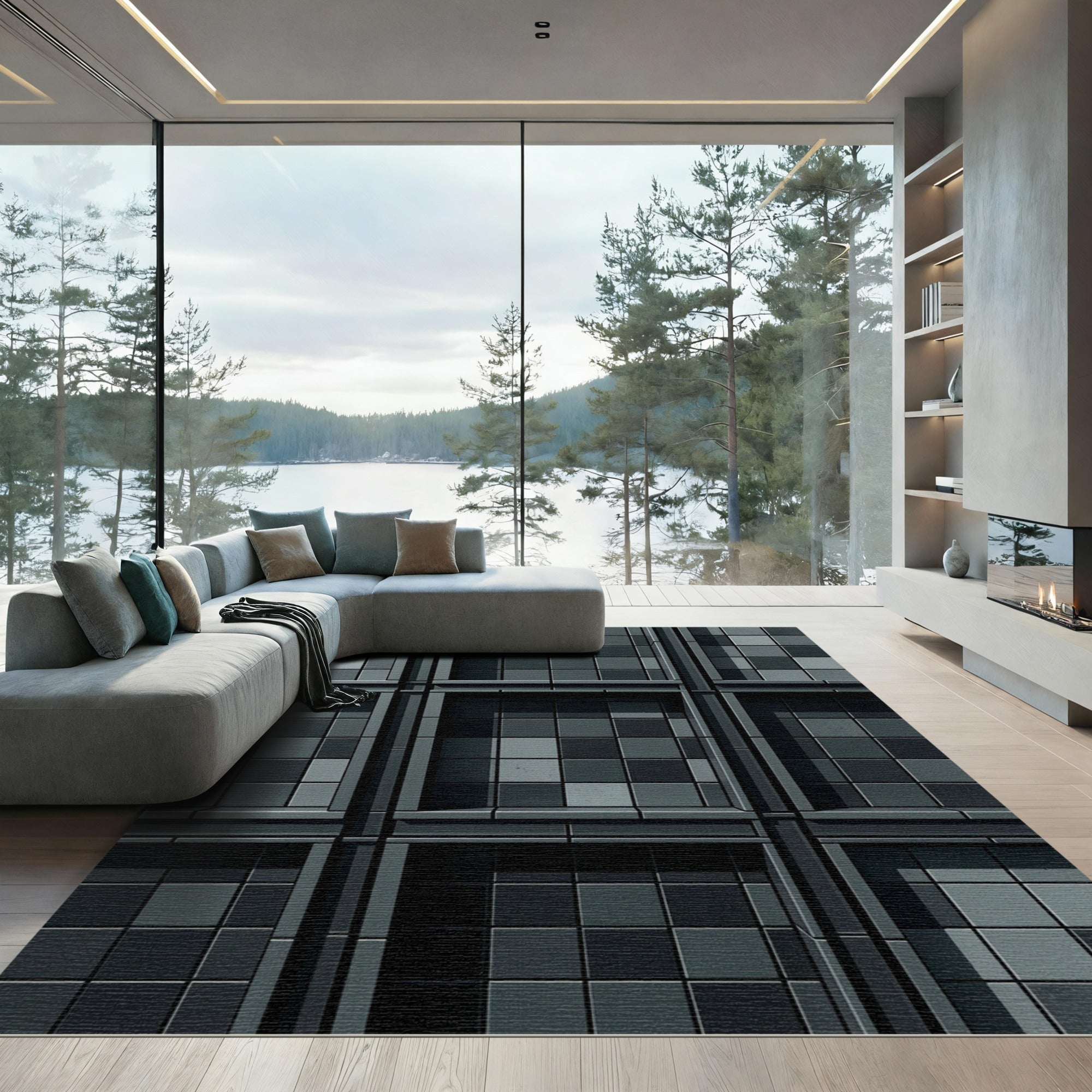 Charcoal Gray Tiled Grid Rug