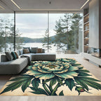 Vintage Teal Peony Botanical Illustration Rug