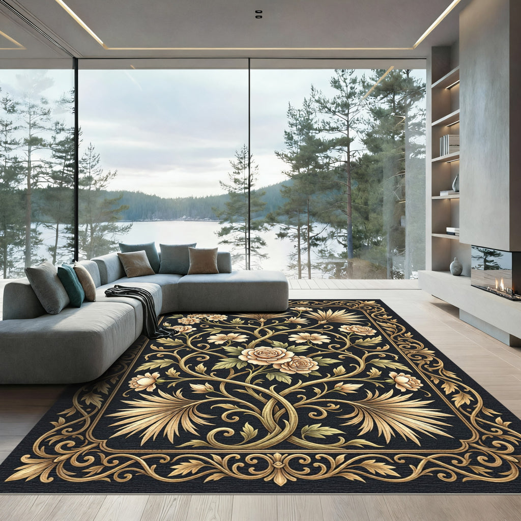 Golden Rose Vine Bordered Botanical Medallion Rug