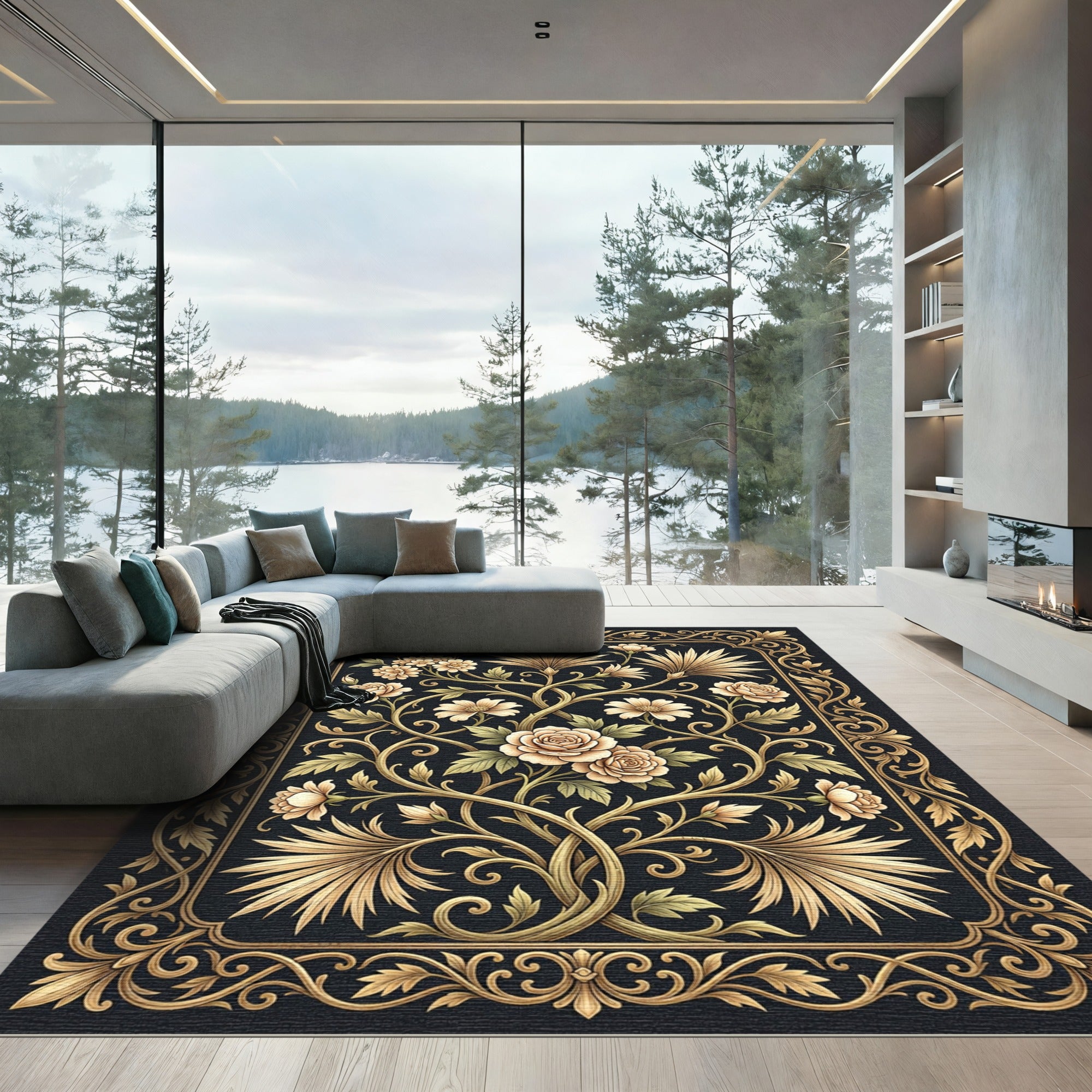 Golden Rose Vine Bordered Botanical Medallion Rug