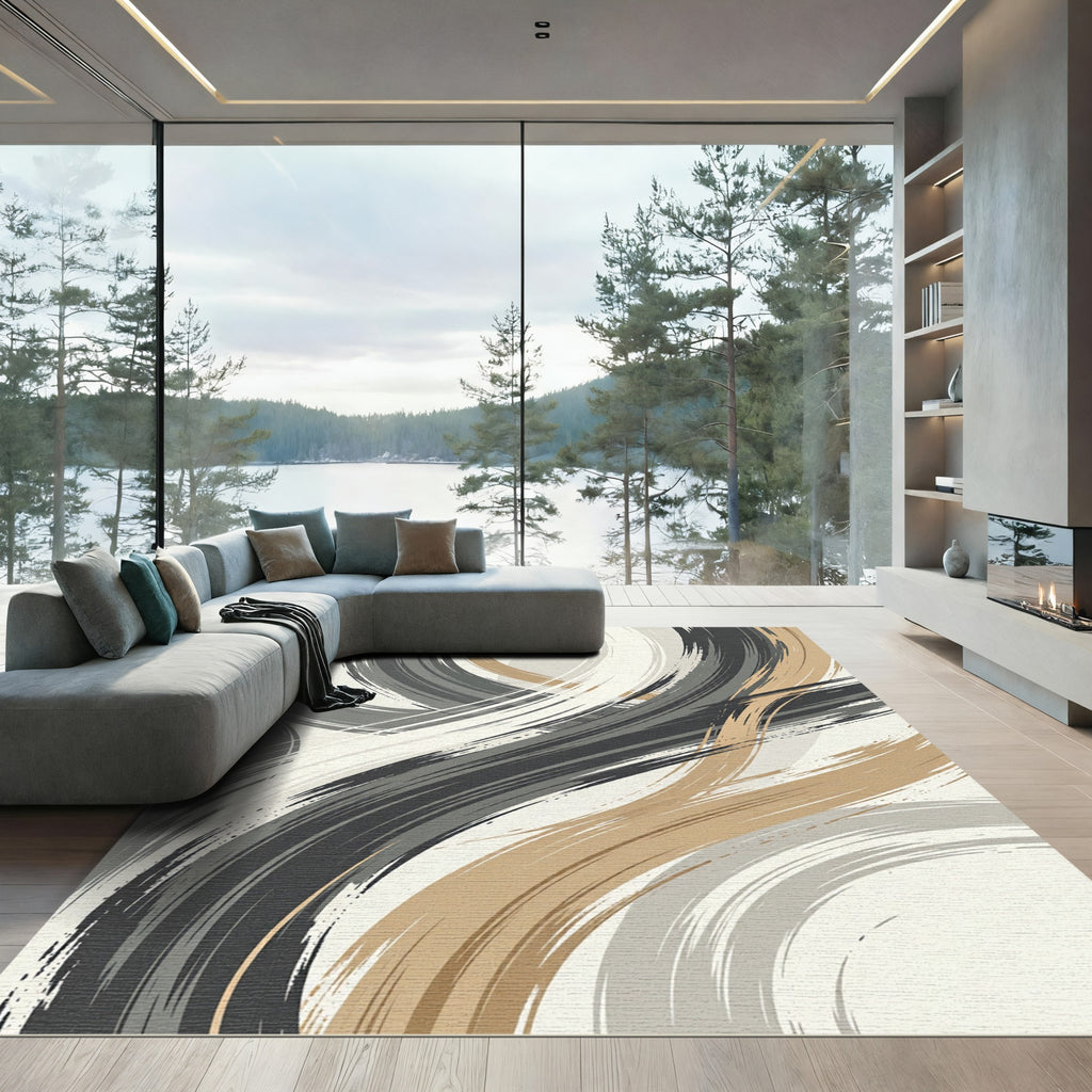 Modern Gold and Charcoal Swirl Rug