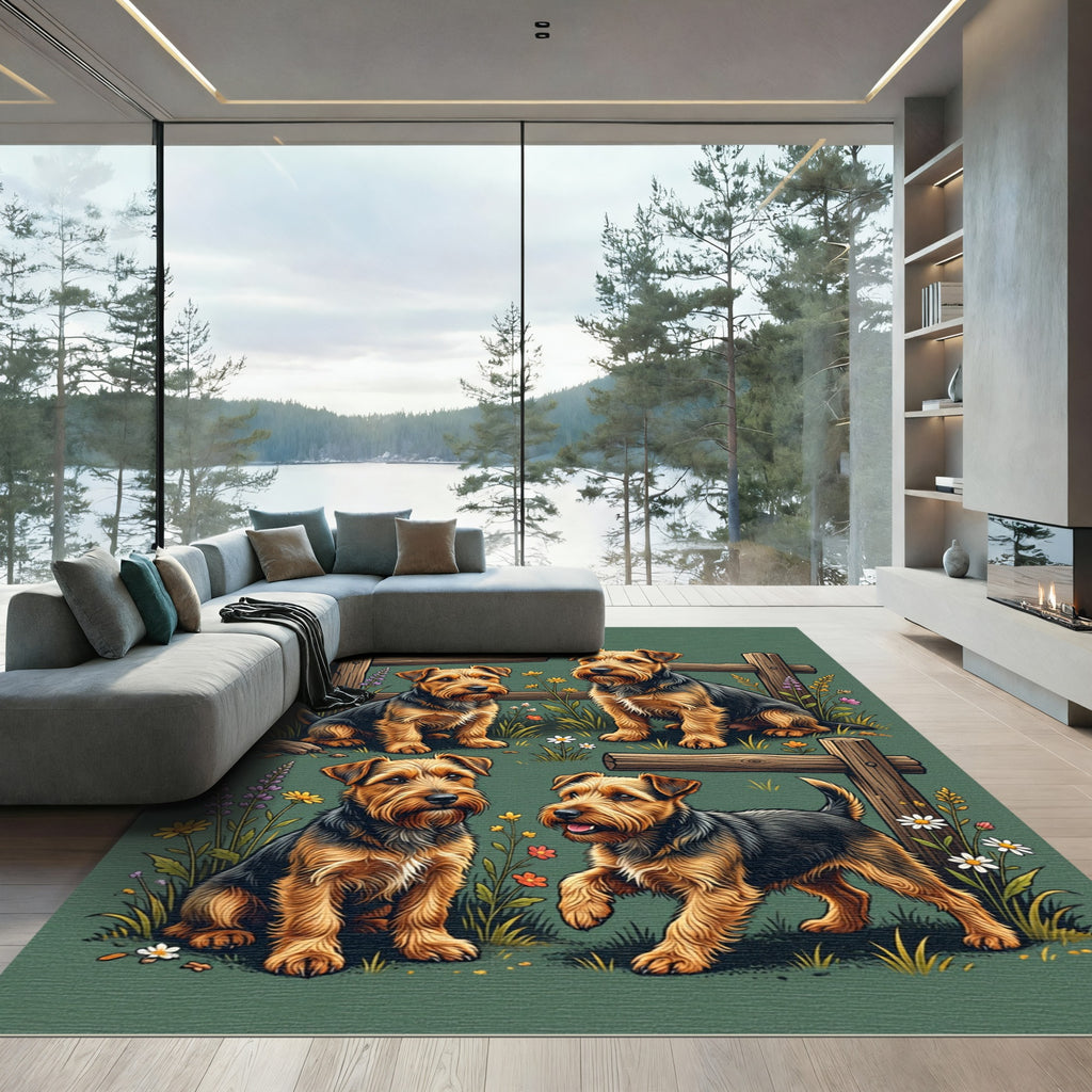 Terrier Dogs and Wildflowers Meadow Illustration Rug