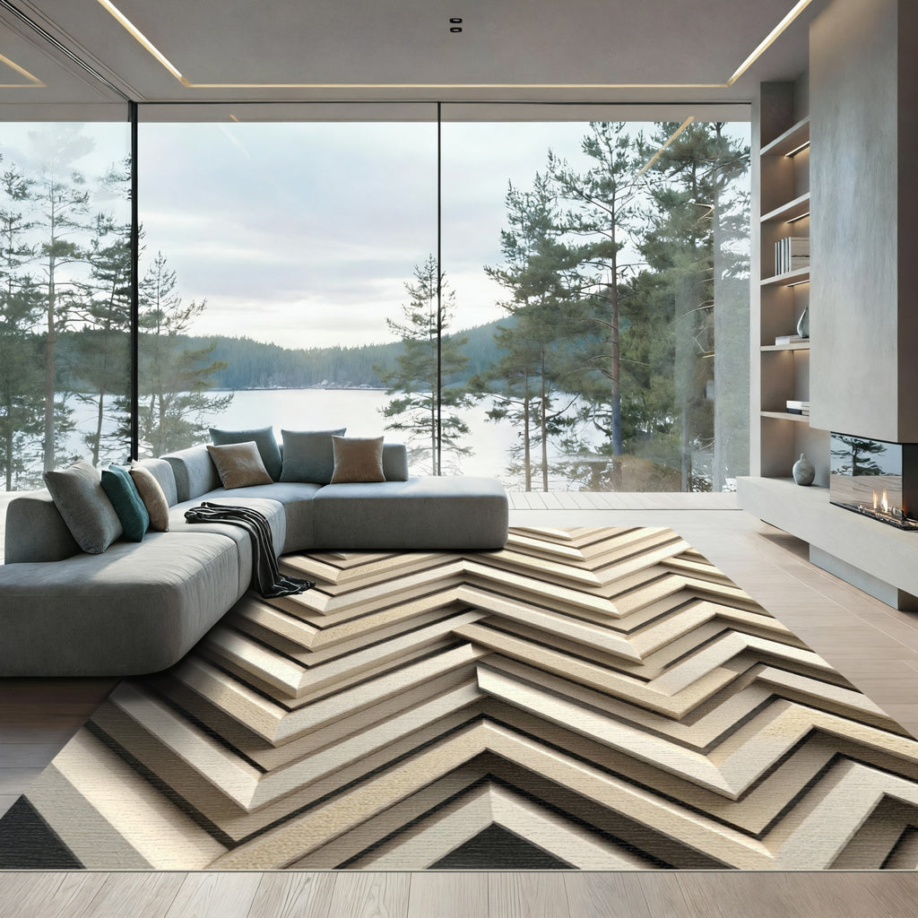 Neutral Wood Tone Chevron Layered Rug