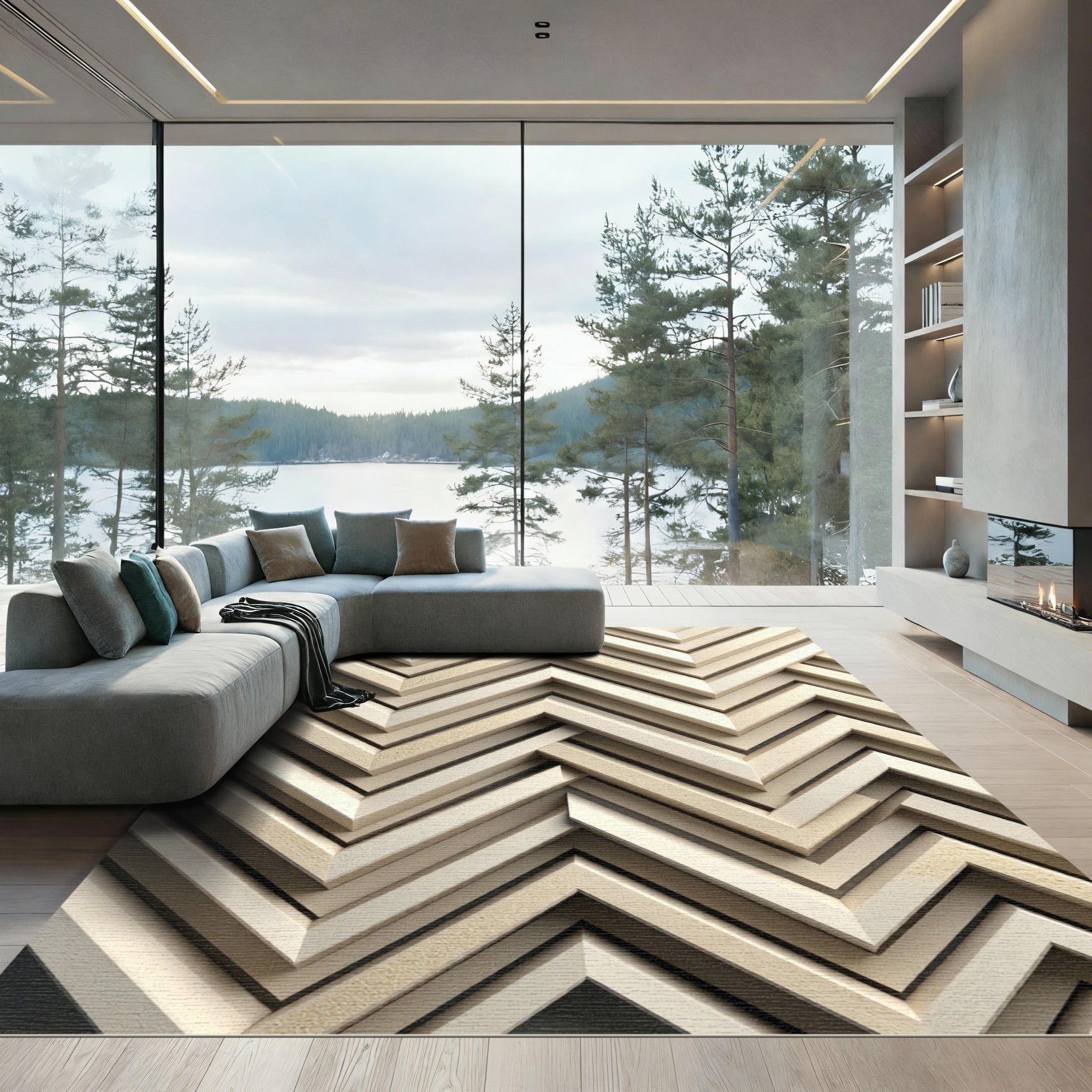Neutral Wood Tone Chevron Layered Rug