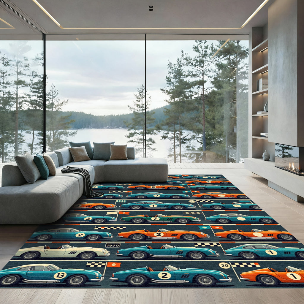 Vintage Racing Car Retro Grid Illustration Rug