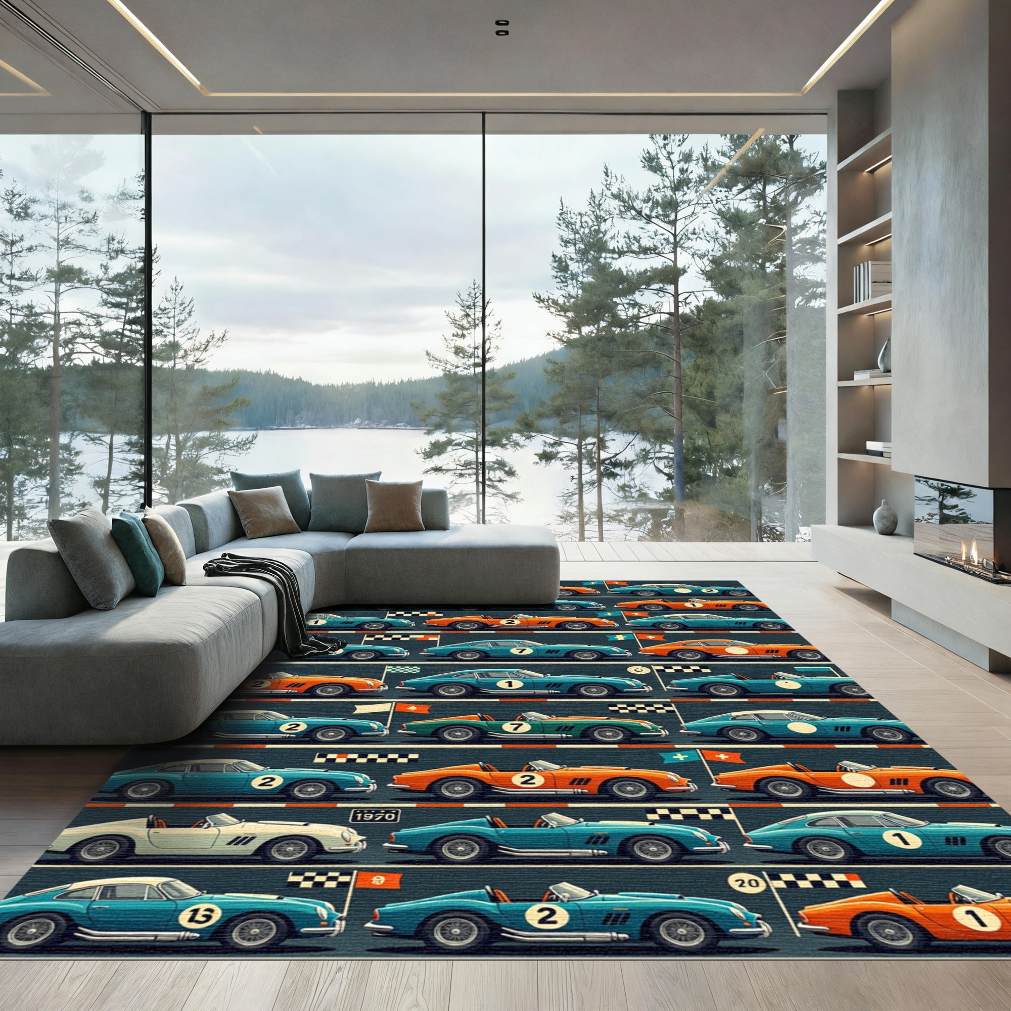 Vintage Racing Car Retro Grid Illustration Rug