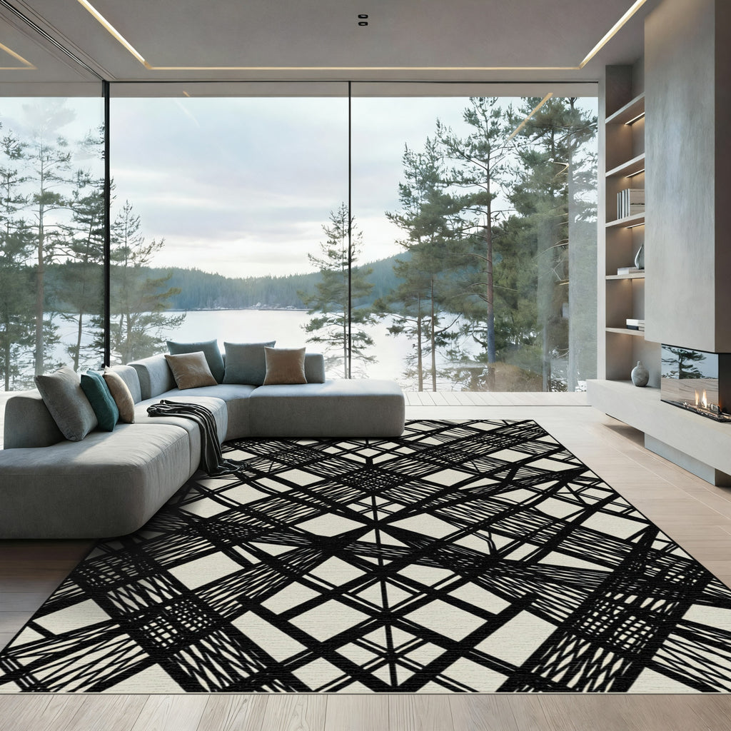 Abstract Intersecting Black Lines Linen Rug
