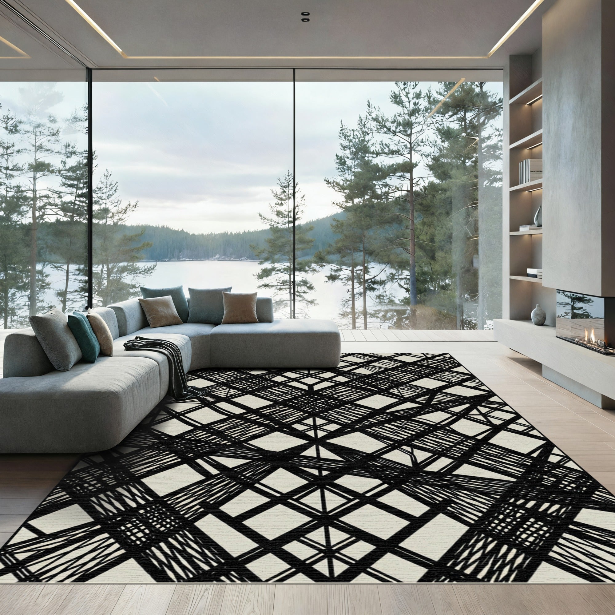 Abstract Intersecting Black Lines Linen Rug