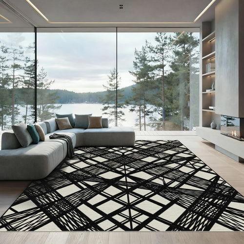 Abstract Intersecting Black Lines Linen Rug