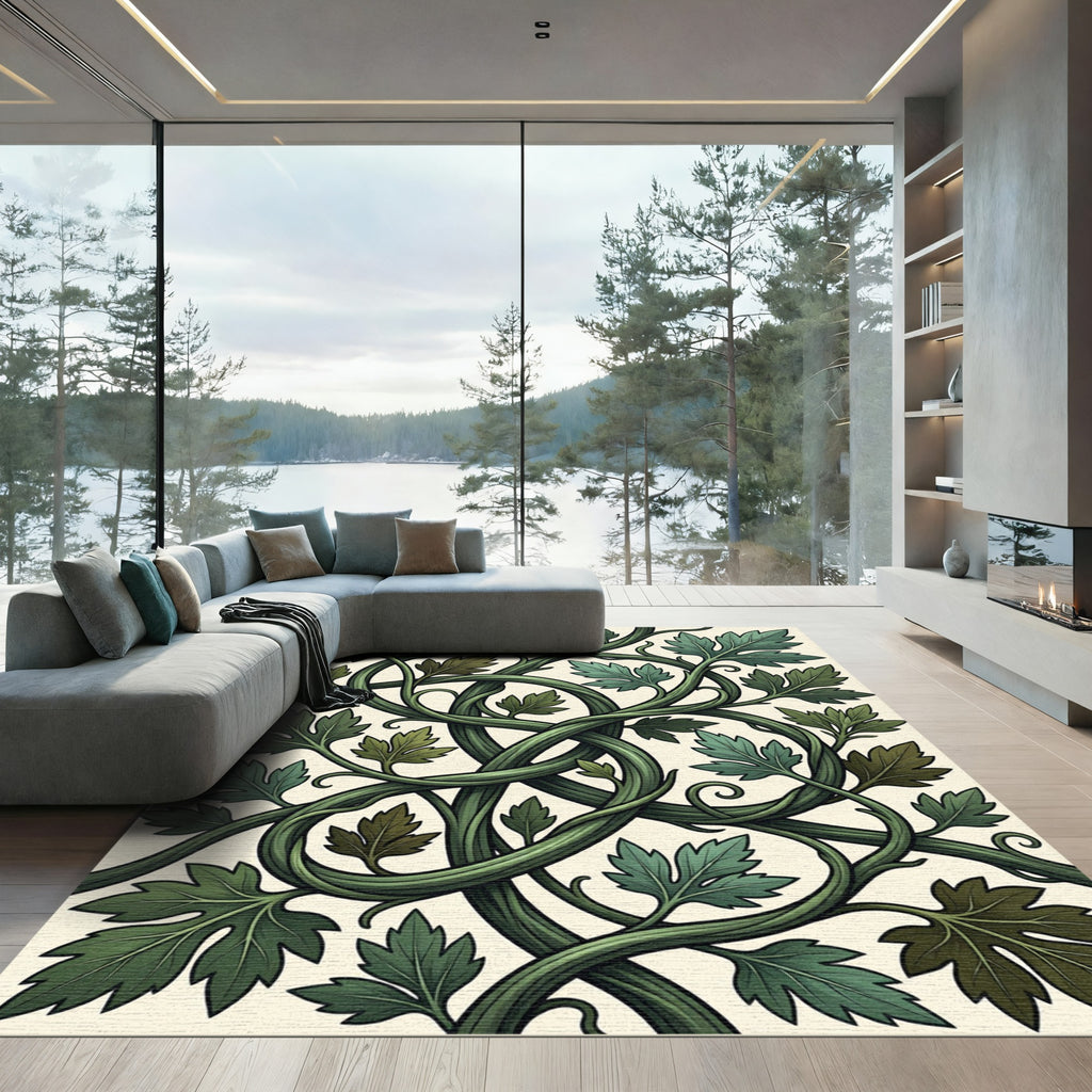 Lush Green Botanical Intertwining Vine Tapestry Rug