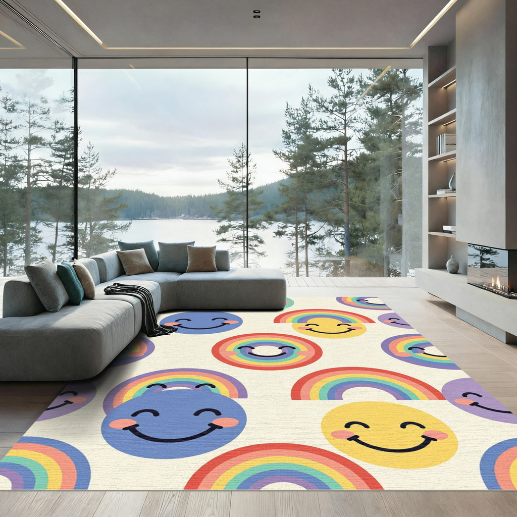 Cheerful Pastel Rainbow Smiley Face Art Rug