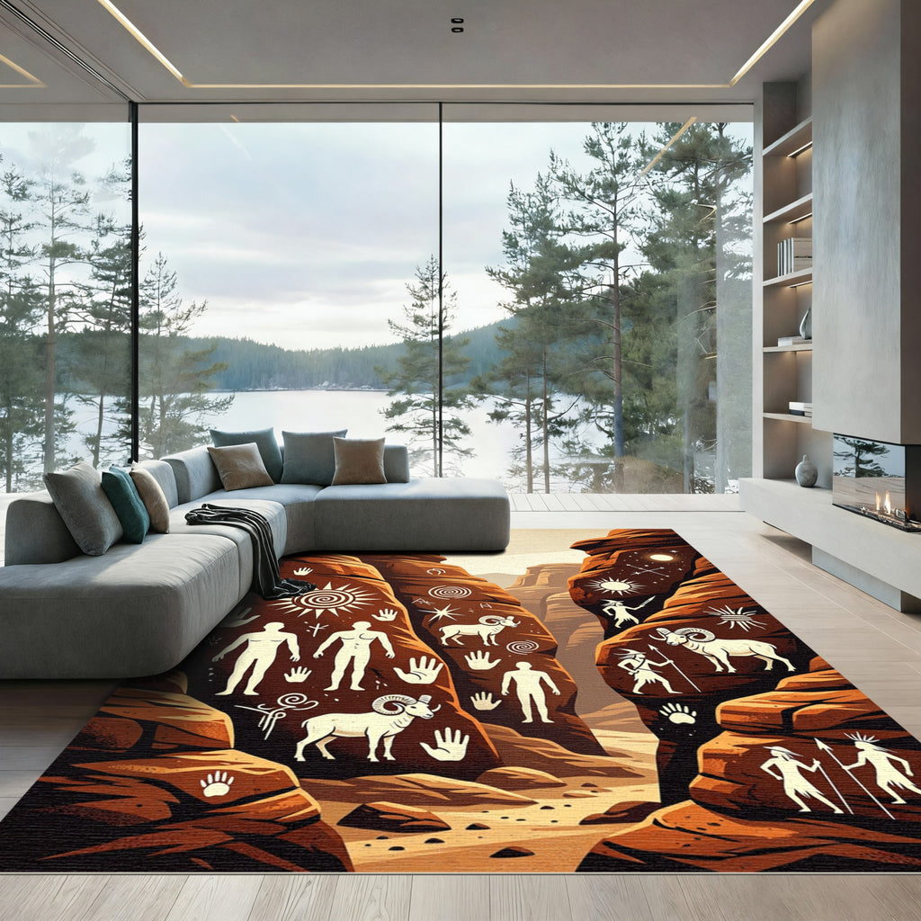 Earthy Canyon Petroglyph Ancient Cave Art Rug