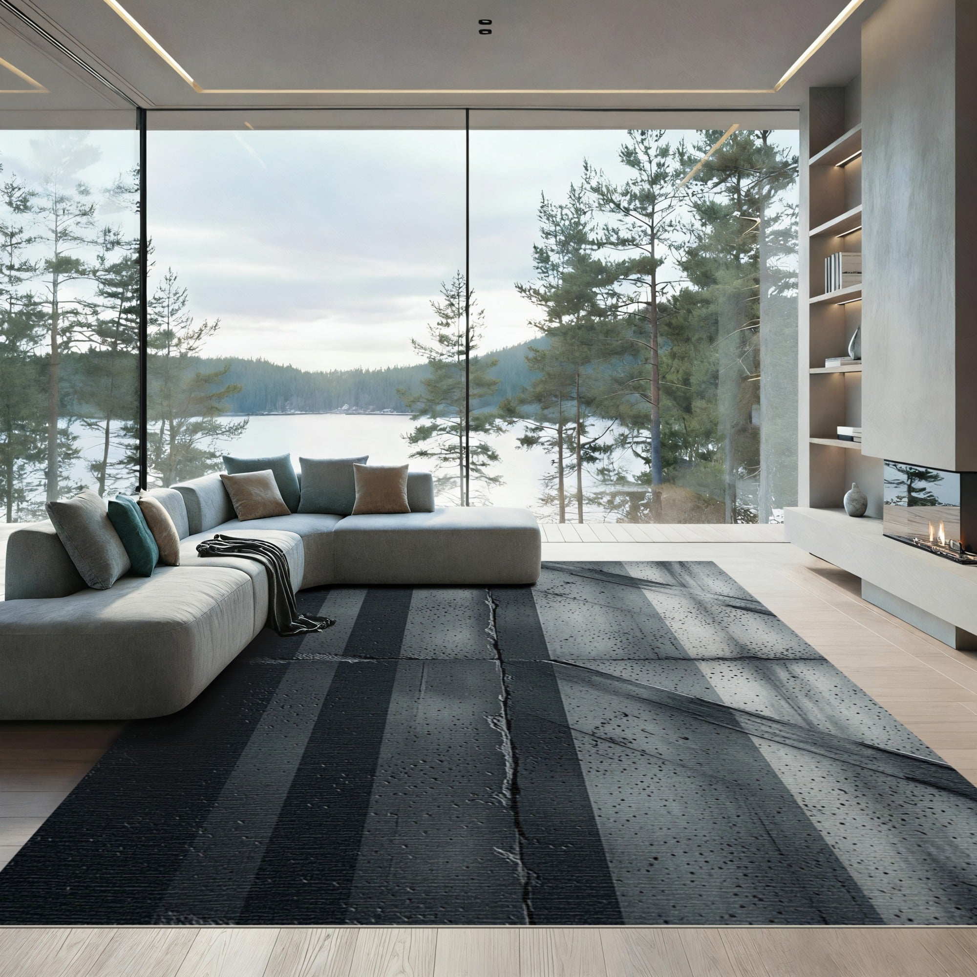 Modern Graphite Linear Concrete Texture Rug