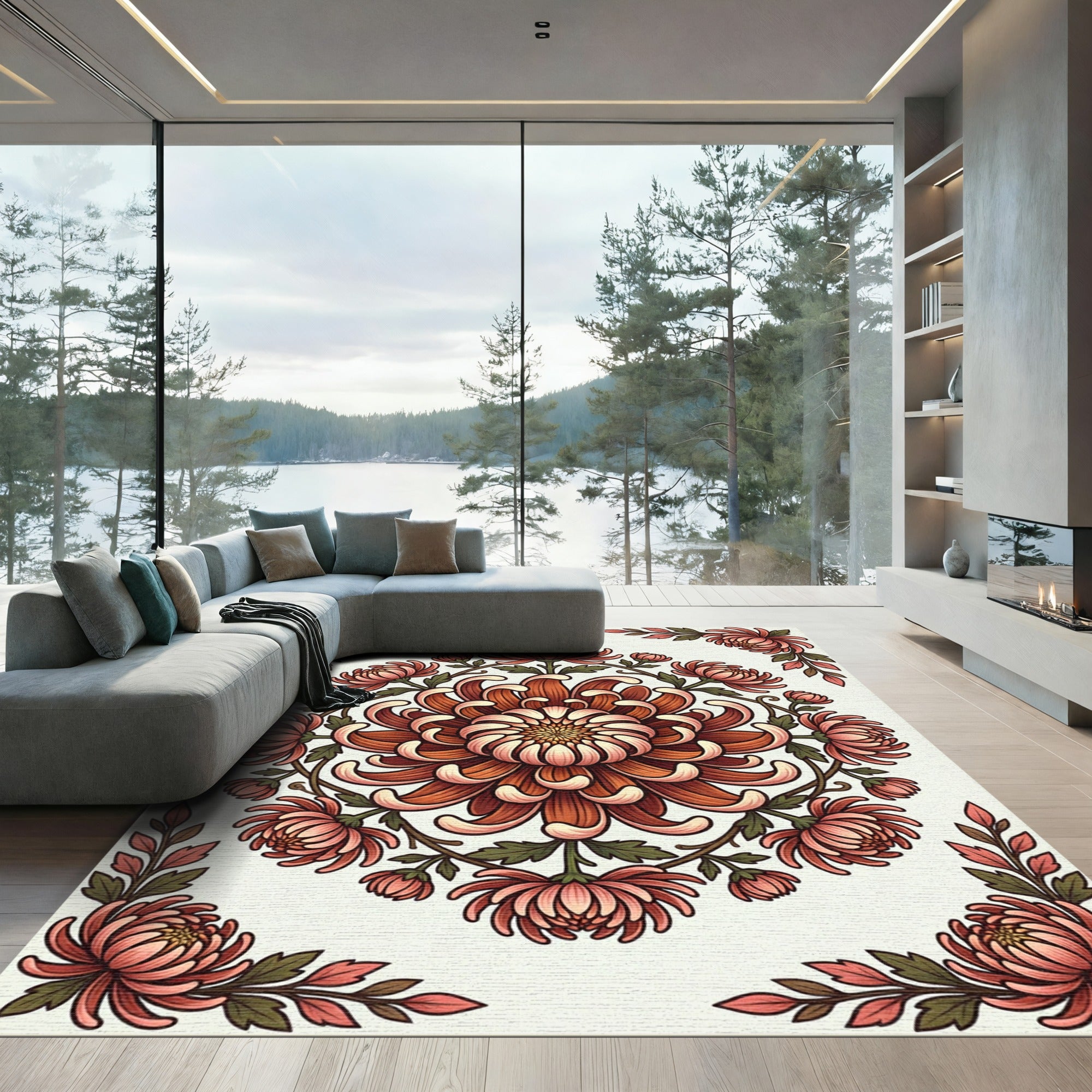 Coral Chrysanthemum Floral Mandala Arrangement Rug