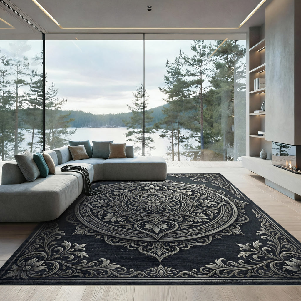 Ornate Silver Floral Mandala Charcoal Rug