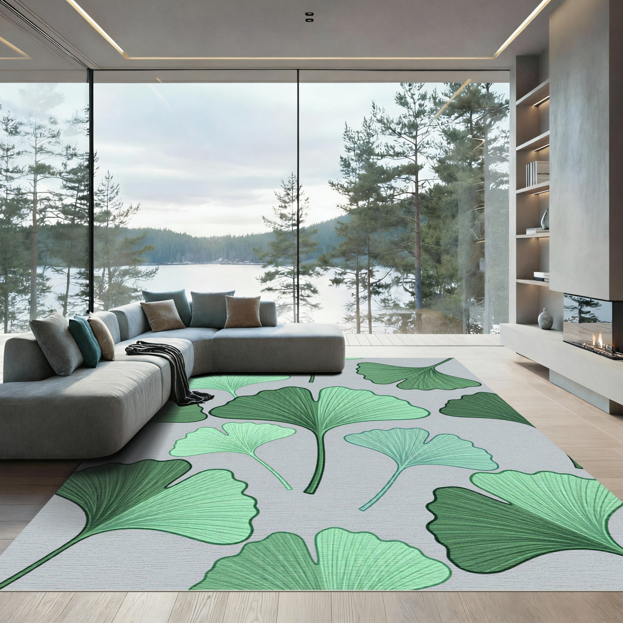 Green Ginkgo Leaf Pattern Rug