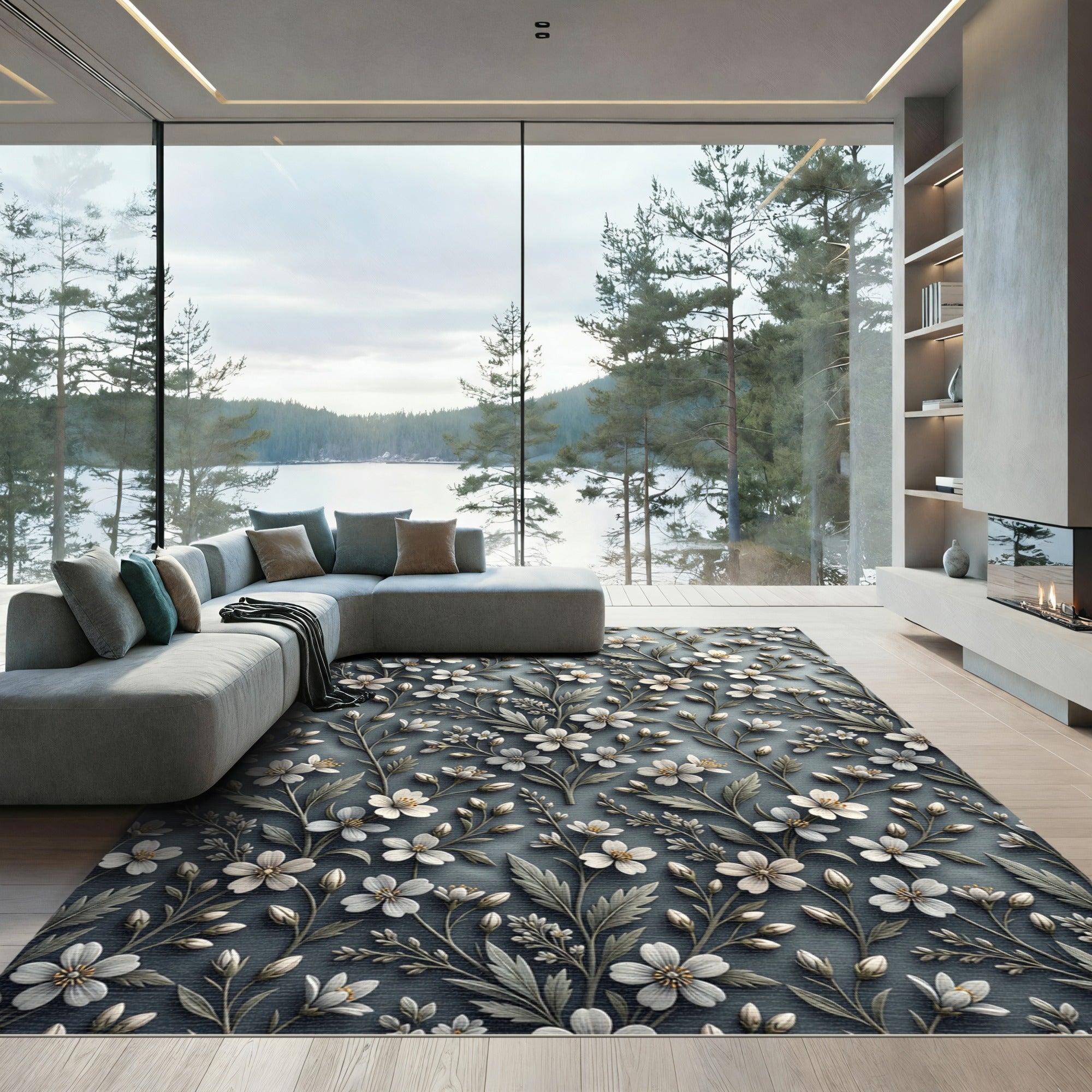 Delicate White Floral Botanical Trail Rug